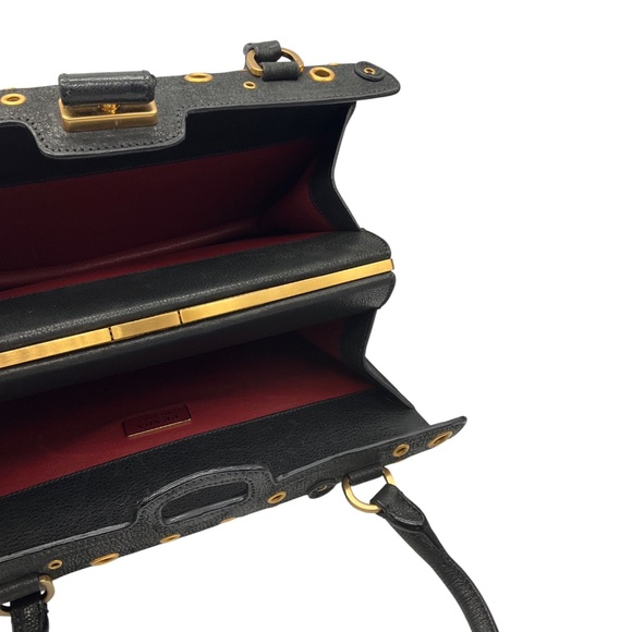 PRADA BLACK / GOLD GROMMET EMBELLISHED LOGO PLAQUE GRAINED LEATHER HANDBAG - Picture 11 of 13